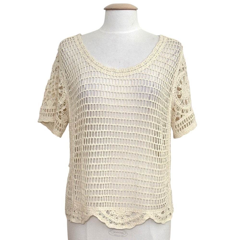 Ultra Pink Women Top M Ivory Crochet Open Knit Boho Cottage Festival Hippie Chic